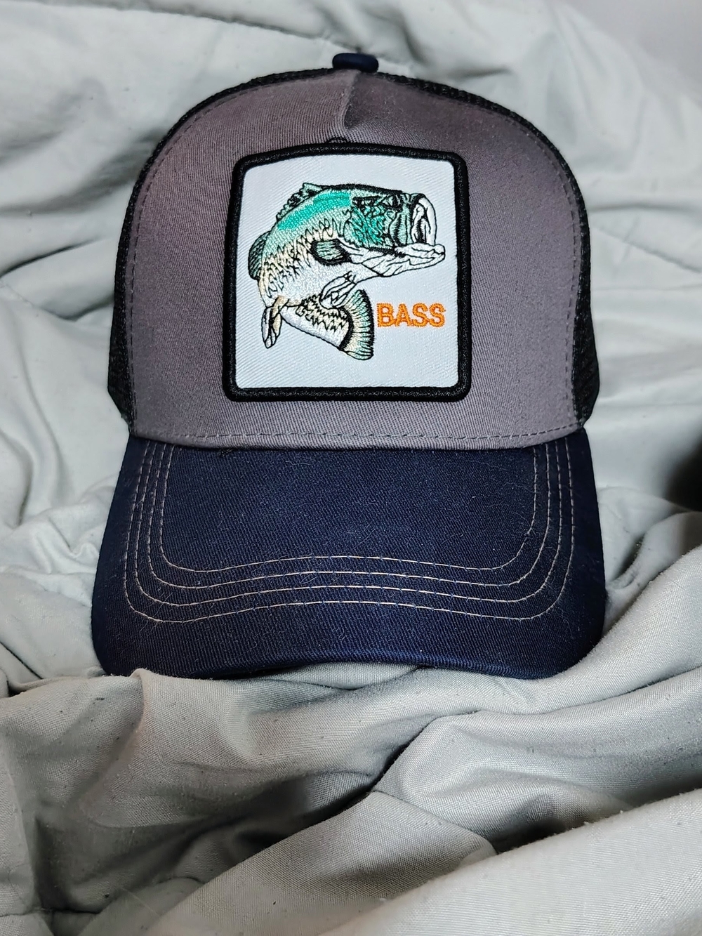 Bass Embroidered Fishing Trucker Hat - Gray & Navy Ironic Retro